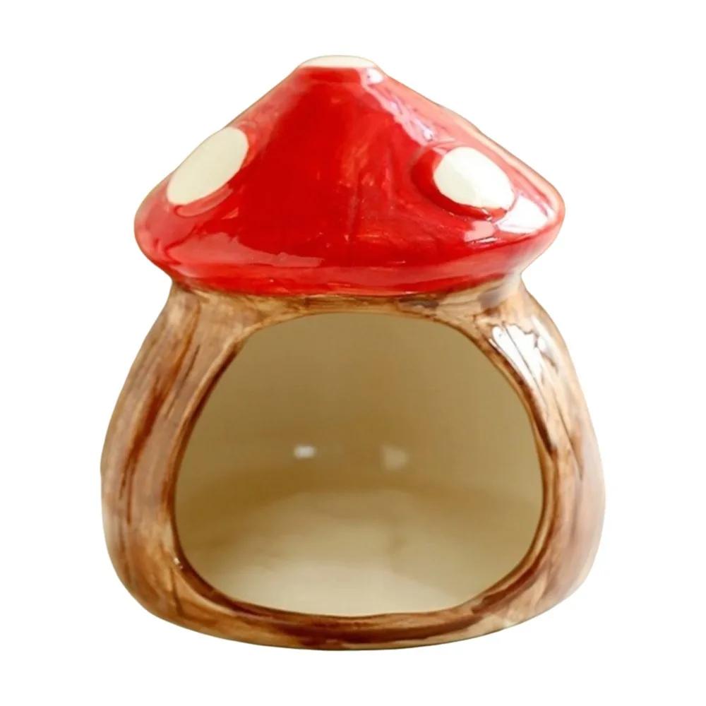 Creative Mushroom Shaped Ceramic Hamster Hideout Cute Tree Stump Mushroom Cave Chew-Proof Hamster Cooling House Indoor Habitat