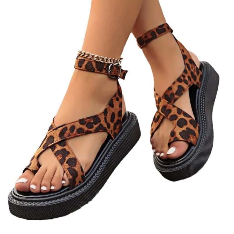 Summer new buckle Roman shoes Women Leopard Print Flat Platform Peep Toe Sandals Casual non slip Flip Flops Mujer Big Size
