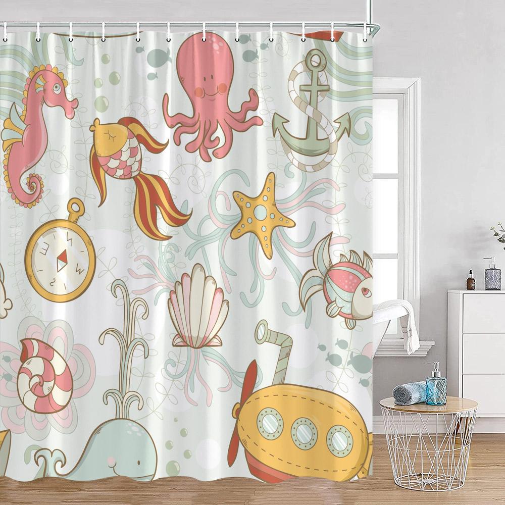 

Ocean Animals Nautical Cartoon Shower Curtains Tropical Fishes Sharks Shell Sea Turtle Bathroom Decorations Kids Bath Curtain Wi W60H190(CM)-1 Pcs
