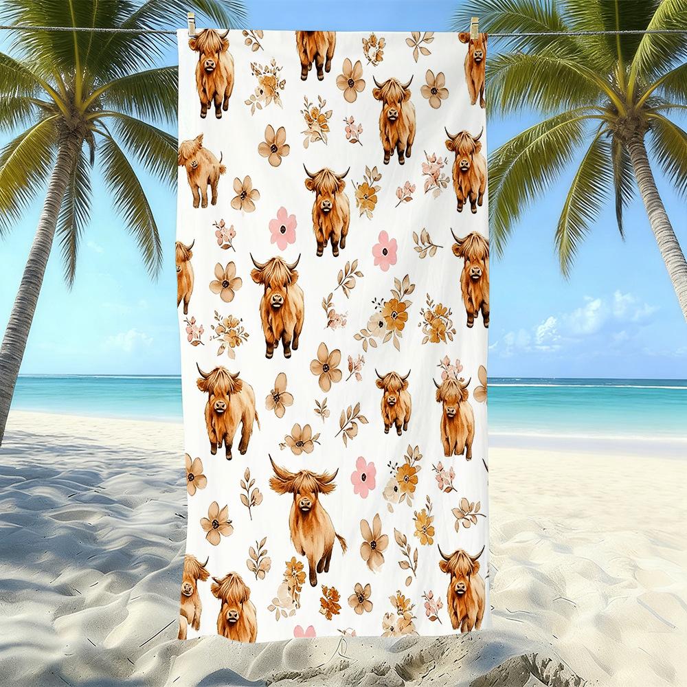 Europäisches und Amerikanisches Retro Hochlandrind Druck Strandtuch Mikrofaser Verdickt Wasseraufnahme Schnelltrocknend Outdoor Badetuch