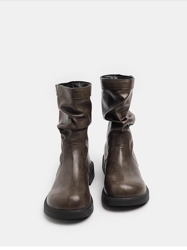 Brown Thick Heel Retro Pleated Pile Boots British Style Short Boots Women's 2025 Spring and Autumn New Round Head Boots Medium Boots
