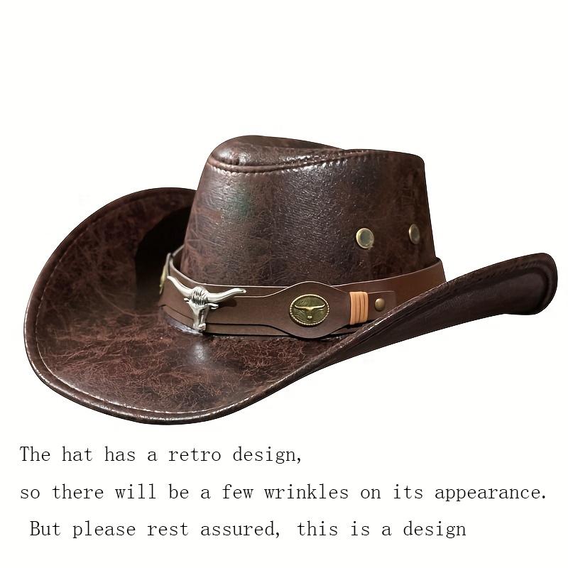 1PC This Jazz Hat Its Unique Texture Design Features A Distinctive Bull Head Belt with Riveted.Instantly Catches The Eye And