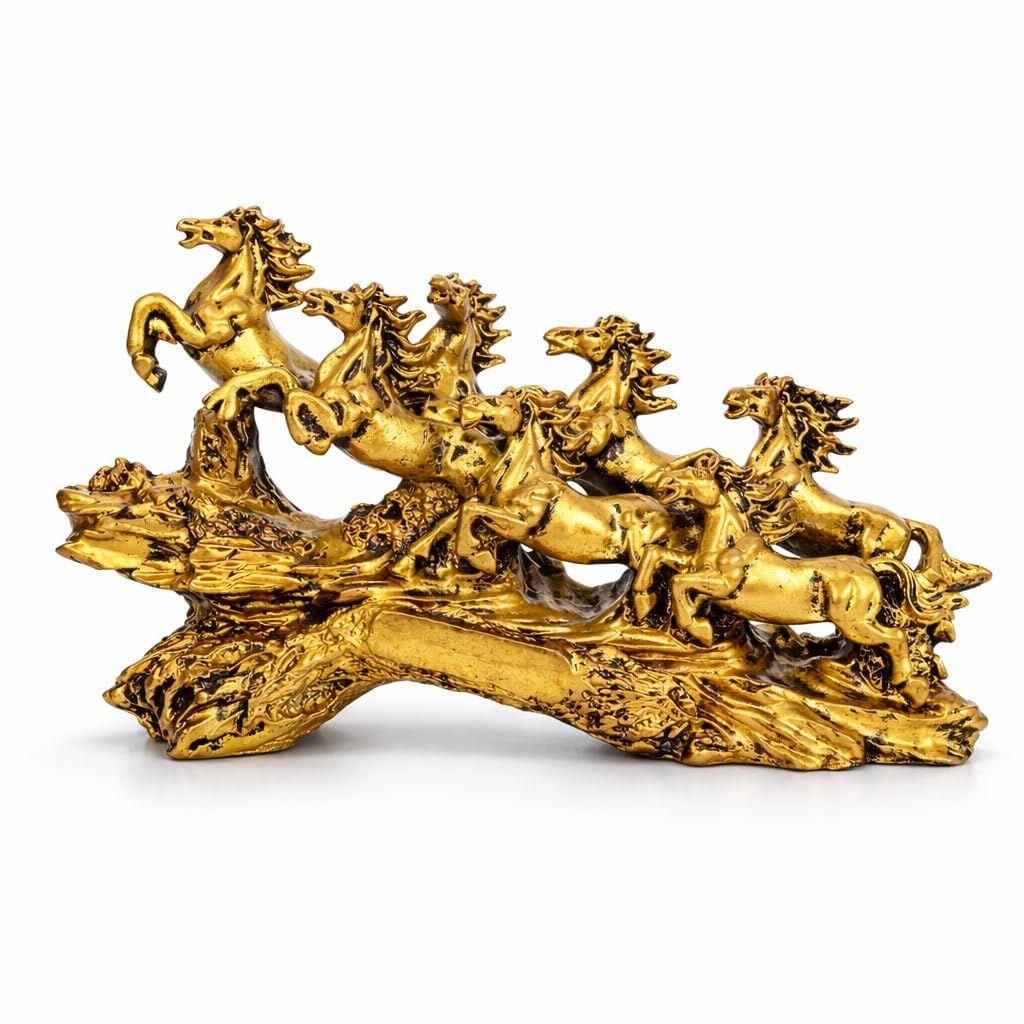 

7 Running Horses Statue for Home & Office Feng Shui & Vastu Horse Showpiece Premium Resin Golden Finish 18 x 10 Inch Lucky Wealth & Success Decor