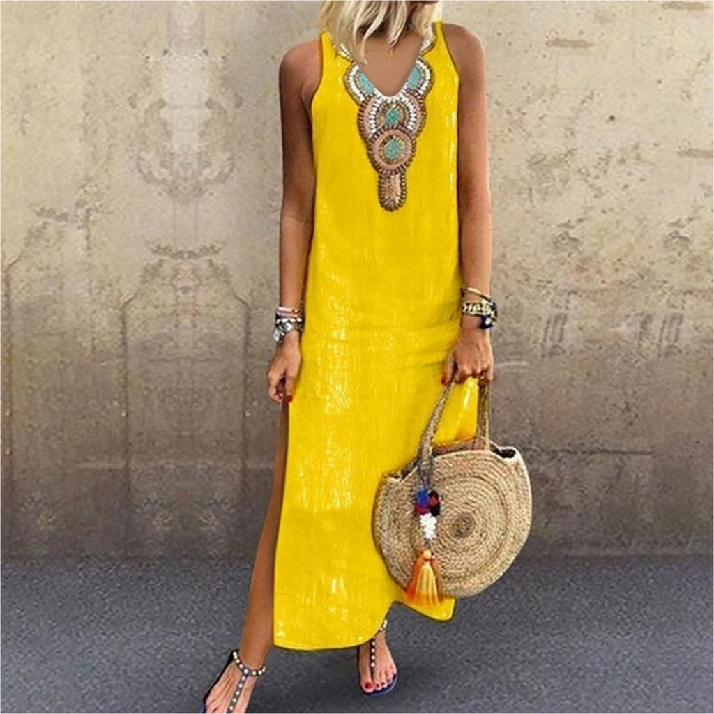 Dámské maxi šaty bez rukávů s výstřihem do V a rozděleným lemem Baggy dlouhé šaty Kaftan