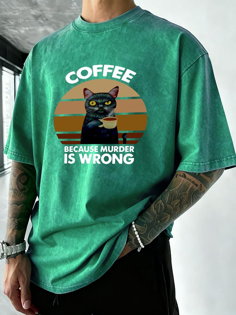 Cat Like Drink Coffee Printed Men Washed TShirt Cotton Summer T Shirts Vacation Oversized Streetwear Soft Casual Clothes