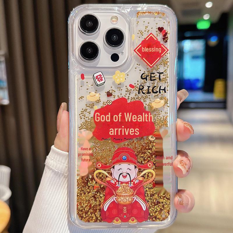 

Чехол для телефона Quicksand Glitter для iPhone 11-16: Новогодний Бог Богатства iPhone 15 Pro