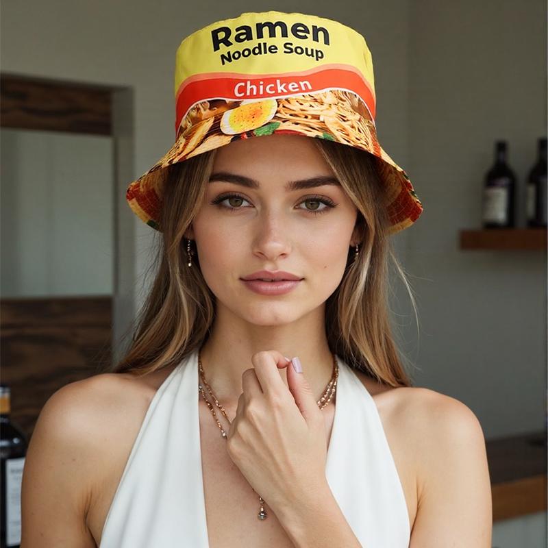 Freedom Outdoors Women's Noodles Soup Printed Reversible Bucket Hat European And American Men Fashionable Versatile Basin Hat Outdoor Sunshade Hat 56-58Cm