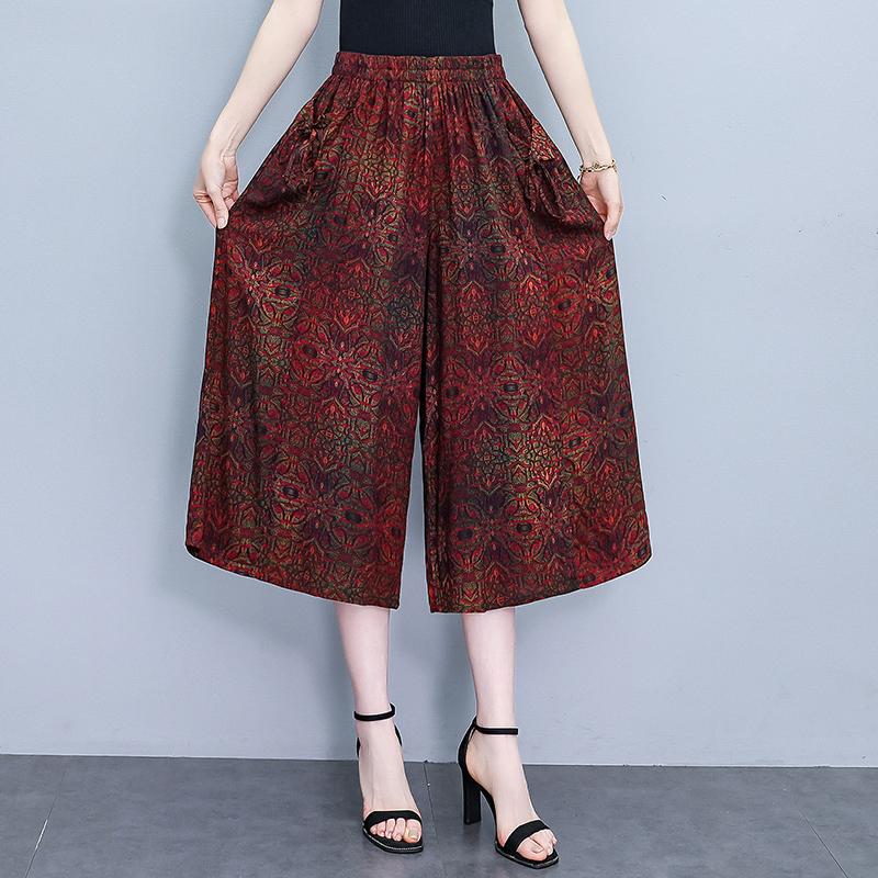 Letní kalhoty se širokými nohavicemi pro ženy Elegantní nadměrné velikosti Ležérní Elastický pas Sukňové kalhoty Vintage oblečení