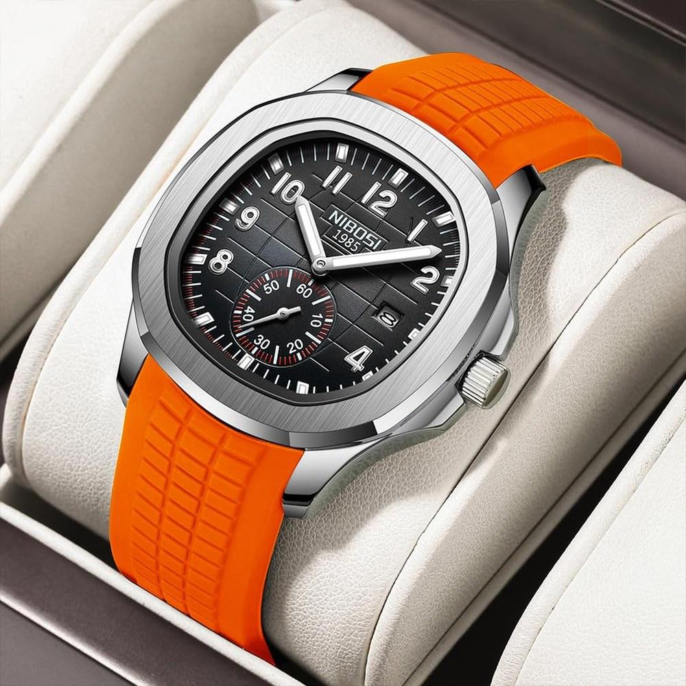 NIBOSI Herren Silikon Sport Wasserdichte Uhr Großes Zifferblatt Arabische Ziffern Lässig Stilvoll Datum Fluoreszierend Luxus Geschenk Orange