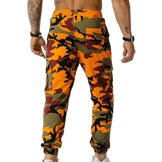 Men Sweatpants Camouflage Drawstring Elastic Waist Multi Pockets Streetwear Loose Ankle Tied Cargo Pants for Training Running Fitness