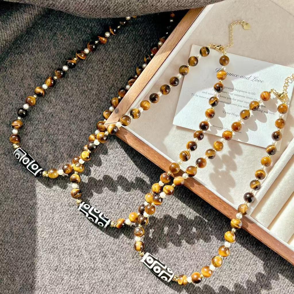 High Matching Retro Maillard Style Natural Tiger Eye Stone Dzi Bead Collarbone Chain Necklace