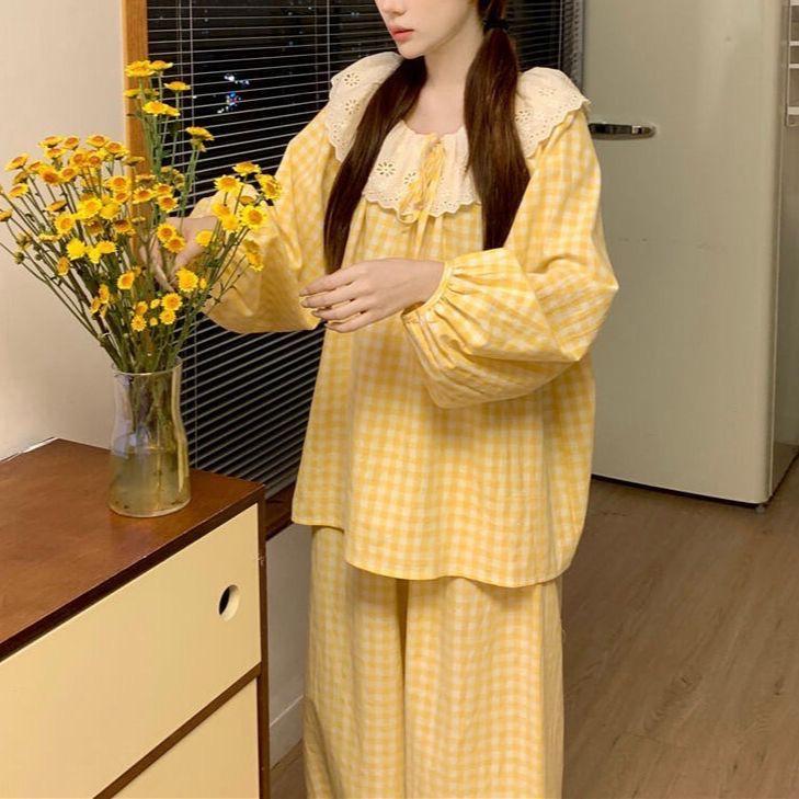 Damen Blumen-Spitzen-Pyjama-Set - Langarm, Süßer Koreanischer Stil, Vielseitig für drinnen und draußen