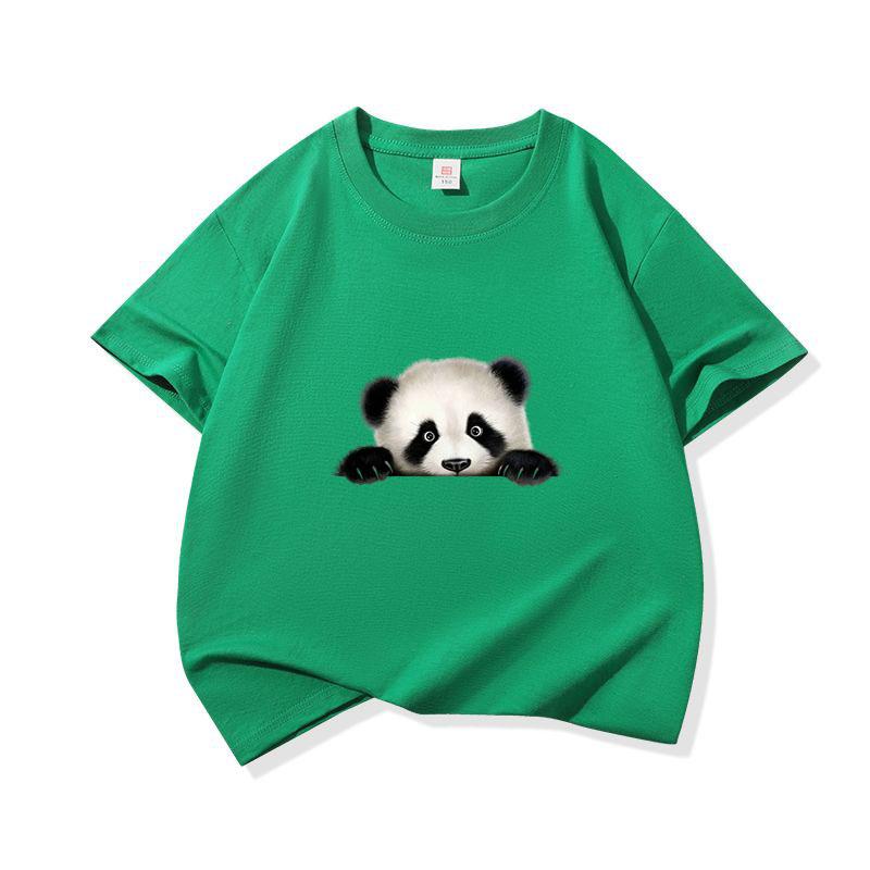 Kids Cotton T Shirt Cute Peeking Panda Print Crew Neck Short Sleeve Tee Casual Breathable Boys Girls Summer Tops