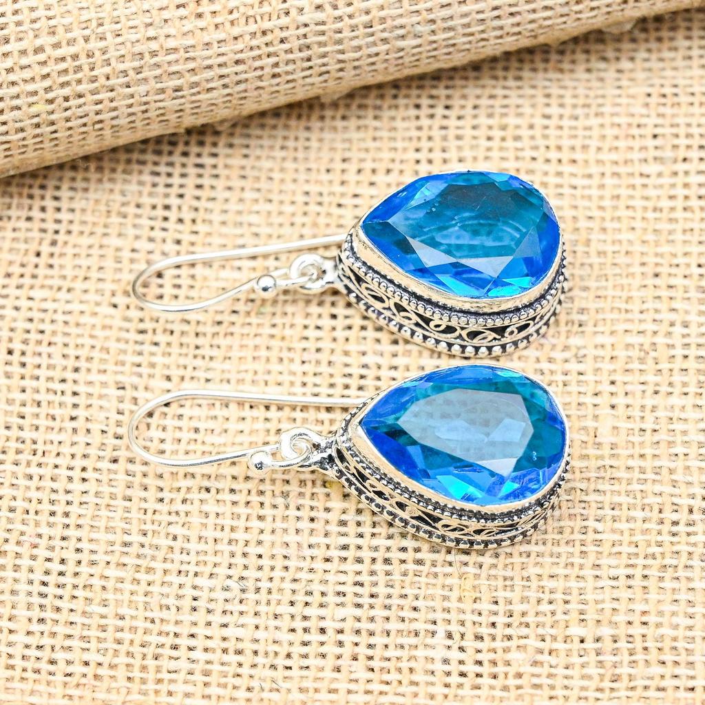 Attractive Blue Topaz Gemstone Handmade 925 Solid Sterling Silver Jewelry Earrings For Women