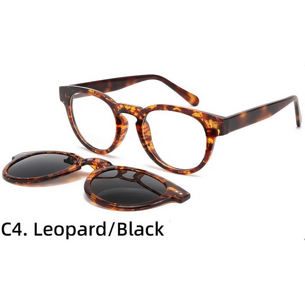 Polarized Leopard Print Round Sunglasses with Magnetic Clip-on