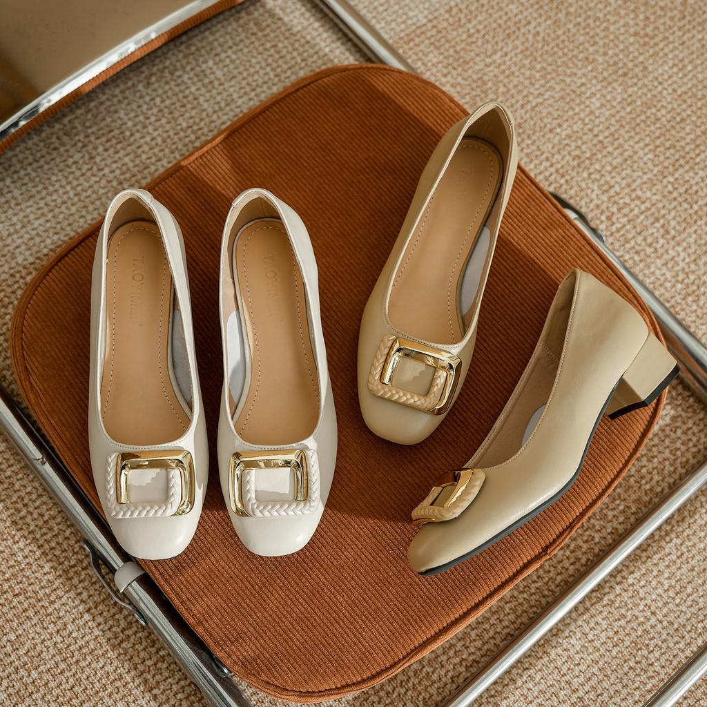 Leather thick heel low heel single shoes women's Korean version white light mouth square head metal buckle fashionable versatile French high heel wom