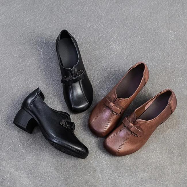 Johnature Retro Dame Hæler Sko Casual Ekte Skinn Pendler Allsidige Dame Slip-on Sko