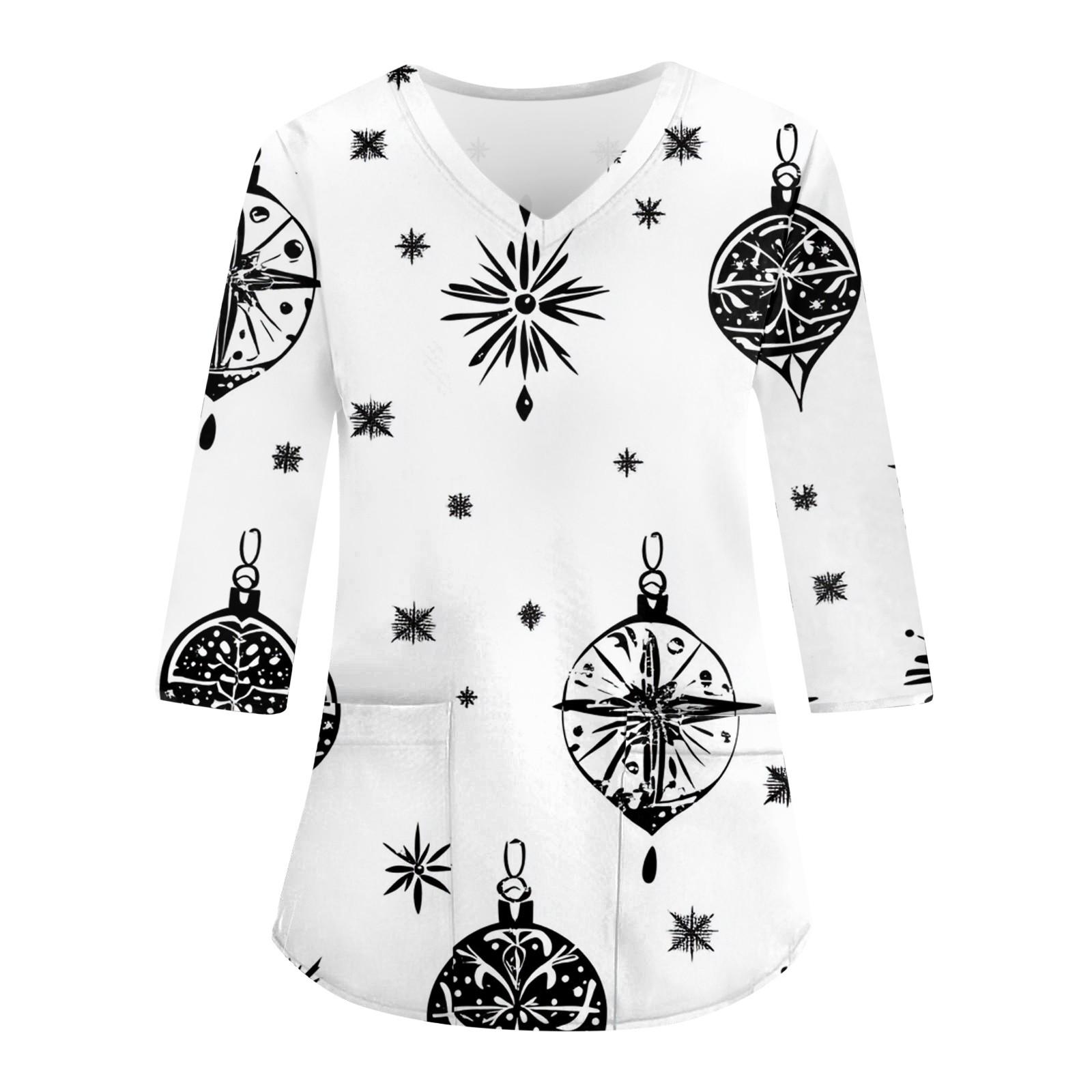 

Женский повседневный рождественский свободный V-образный вырез с карманом и принтом, рукава три четверти XXXL белый