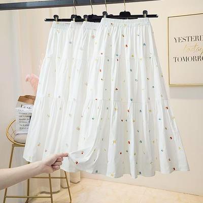 Bestickter floraler weißer Midirock für Damen - Sommer A-Linie plissiert hohe Taille weit ausgestellter Umbrella-Rock