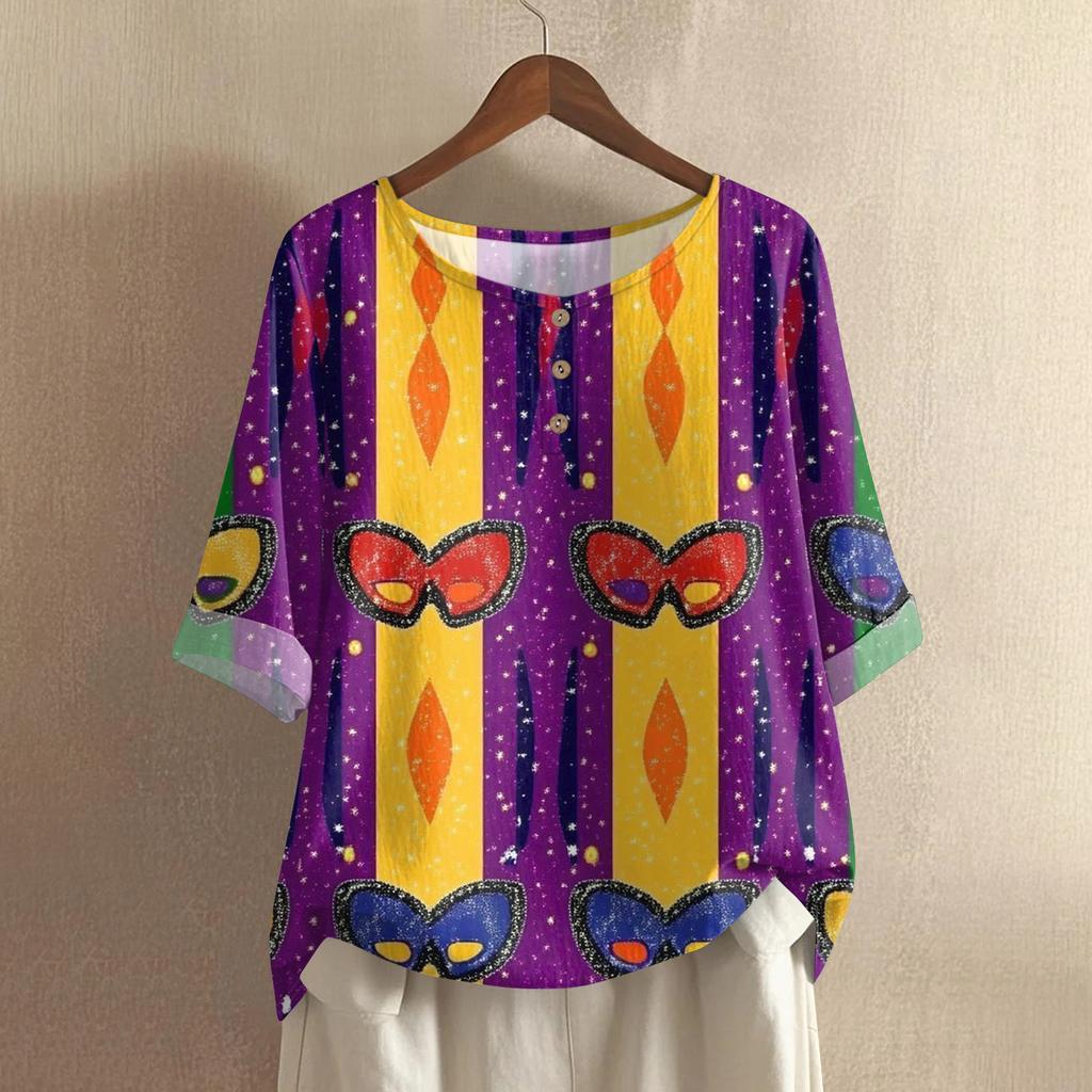 Women's Fashionable And Casual Shirt Half-sleeve Round Neck Cotton And Linen Blouse Top