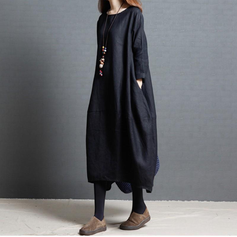 2024 Spring/Autumn Women's Korean Style Loose Plus Size Cotton Linen Long Sleeve Dress