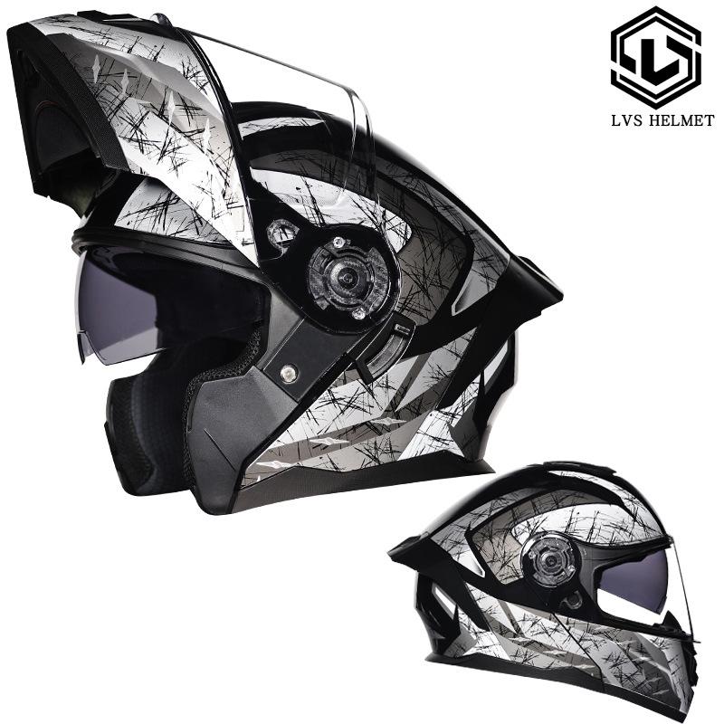 Motorcycle helmets Men's and women's face-off helmets Double mirror locomotive Bluetooth semi-full cover four seasons