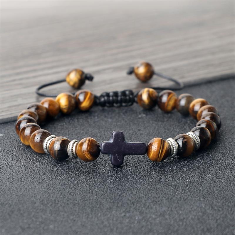 Men Women Braided Bracelet 8MM Natural Stone Christian Bless Jesus Cross Hematite Bead Bracelets Bangles Prayer Handmade Jewelry