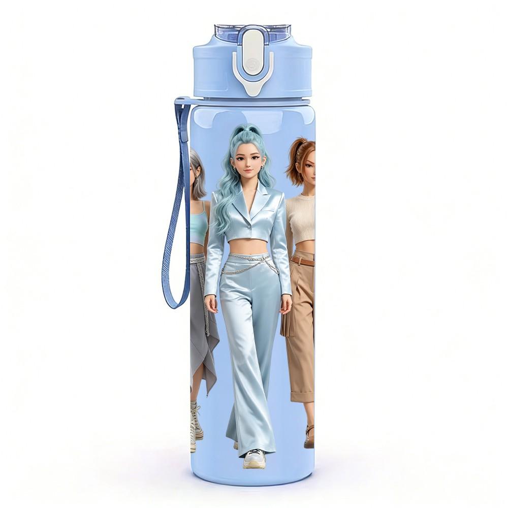 1PC Two Casual Ladies Walking 750ml Color Plastic Sports Water Bottle Leakproof Flip Straw Lid Suitable for Sports Office Home Use