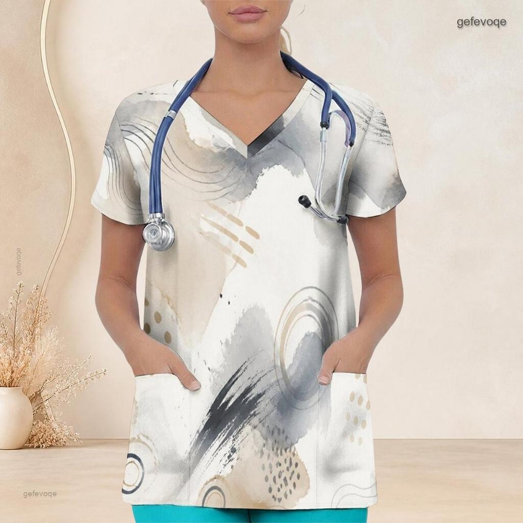 Women Plus Size Grey Beige Abstract Printed Scrub Top V Neck Short Sleeve Front Pockets
