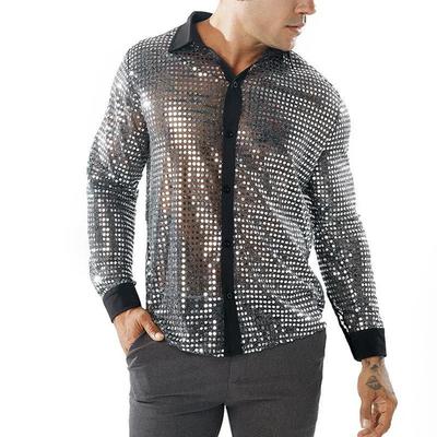 Moda Hombre Lentejuelas Brillantes Fiesta Camisas de Baile Retro Disco Camisa Tops Pecho Sencillo Ropa de Actuación