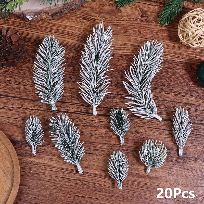 20Pcs Christmas Tree Decoration Artificial PE White Flocking Pine Branches Festive DIY Home Party Ornaments Aesthetic Room Decor