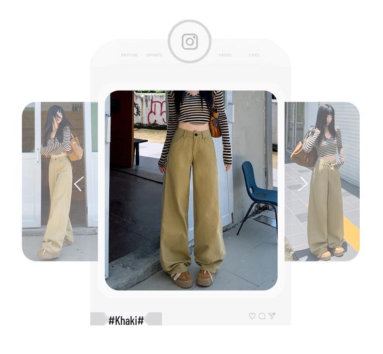 Autumn 2025 Khaki High-Waist Loose Straight-Leg Women's Jeans - Casual, Slimming, Fashionable Wide-Leg Pants