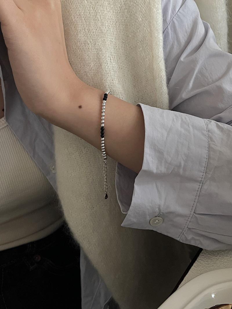S925 Sterling Silver & Black Agate Beaded Bracelet - Elegant Gift for Best Friend 925 Silver серебряный