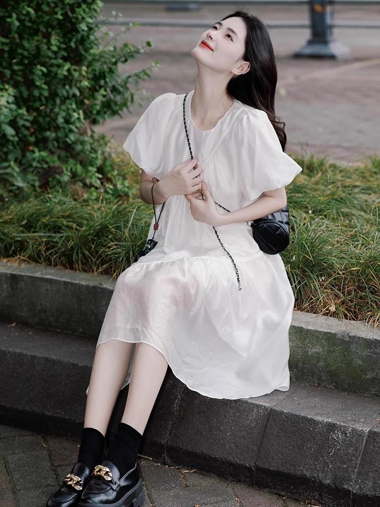 

Summer skirt French first love small white dress irregular design sense small white bubble sleeve chiffon dress Xxxl [recommended 67.5-75kg ]