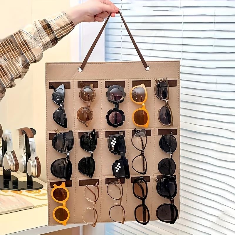 1pcs Wall-Mounted Folding Eyeglass Organizer – Holds 15 Glasses, Hair Ties & Clips, Easy Installation Storage