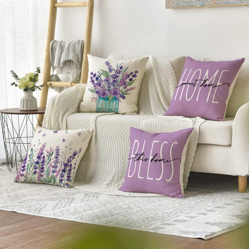 Throw Pillow Covers 16x16 Inch Set of 4,Lavender Home Sweet Purple Pillow Cases for Couch Sofa Outdoor Home Decorations