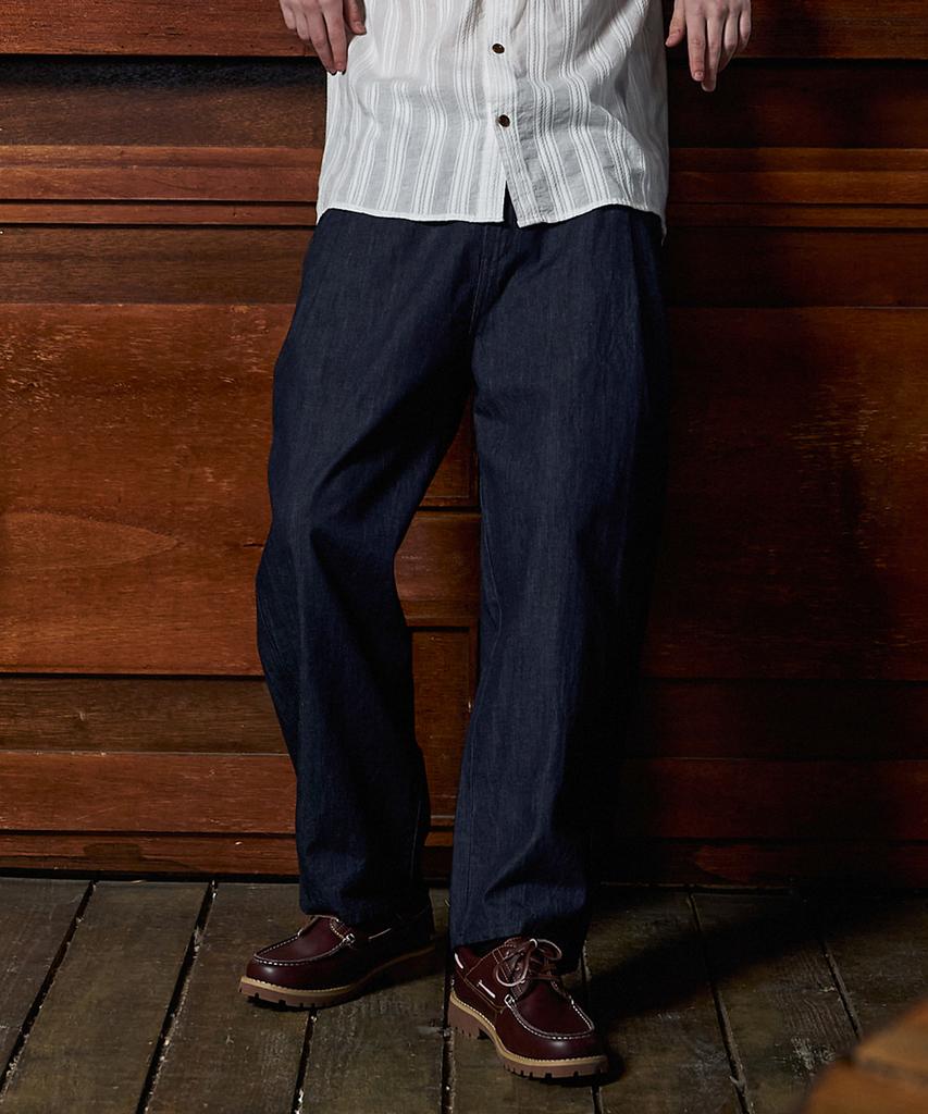 MAGOODGAN Chino 7708 Single-Pleat Linen Denim Balloon Fit Dark Indigo Half-Banding Denim Pants