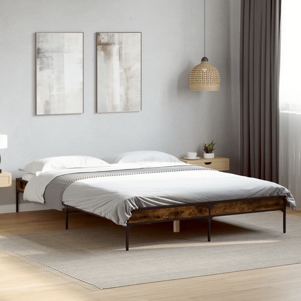 Bed Frame Smoked Oak 140 x 200 cm Wood Based Material and Metal