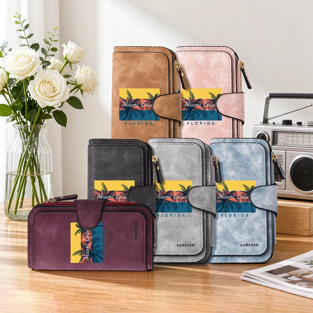 Stylish Women Leisure Long Purse Card Holders Miami Beach Printed Portable Multi Slot Money Wallet Fashion Simple Daily Use Small Bag