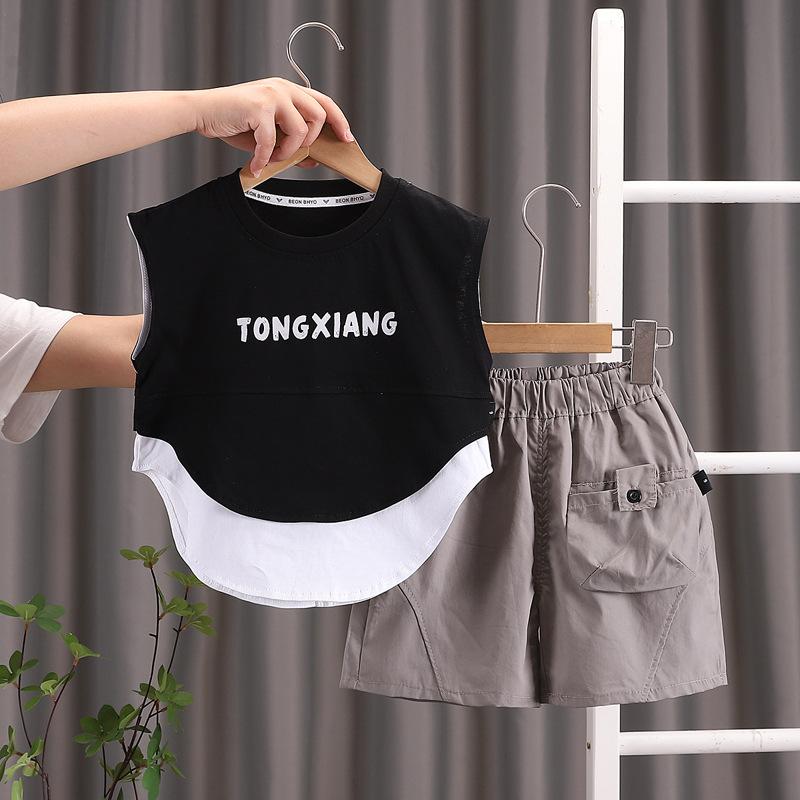 

Летний комплект из хлопкового спортивного жилета с принтом в виде мультфильма для мальчиков и девочек, повседневный спортивный костюм для малышей и малышей, комплект одежды для младенцев 80 чёрный