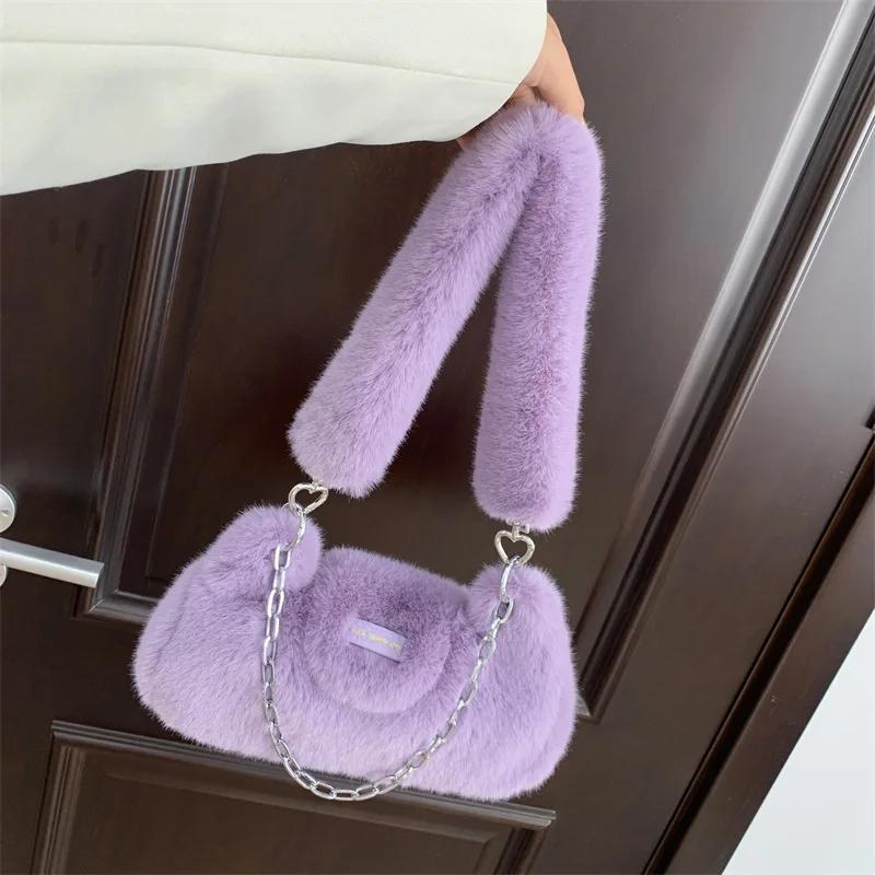 

Fashion Solid Color Fake Fur Women s Shoulder Bag Sweet Luxury Plush Ladies Armpit Bags Simple Chain Female Handbag Purse