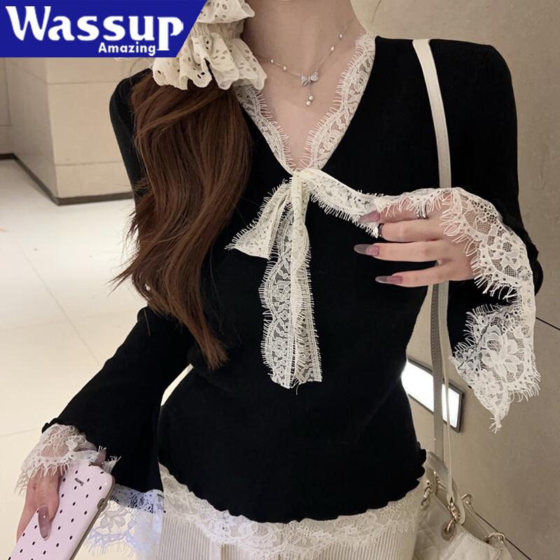 WASSUP AMAZING Women's V-Neck Lace-Trim Long Sleeve Tee