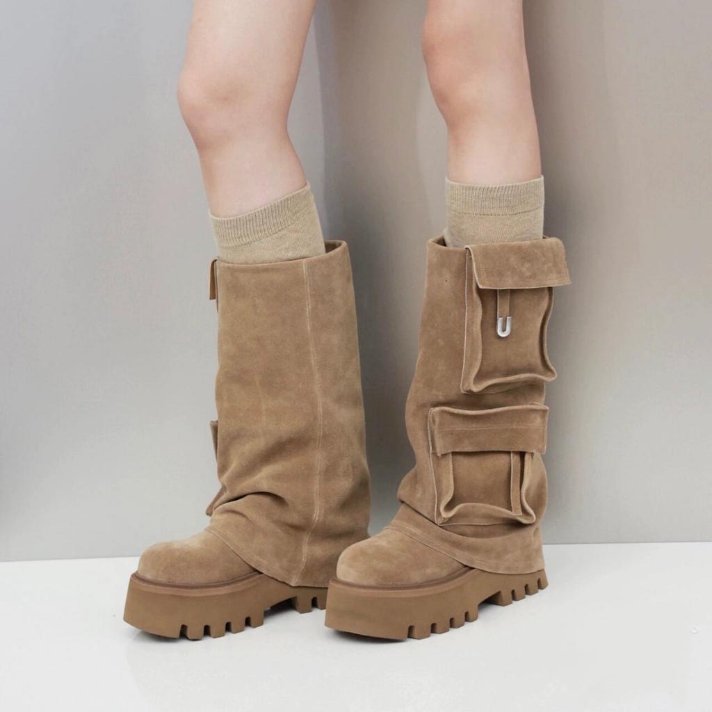 2025 autumn and winter new brown fashion boots versatile thick-soled cowhide version retro European and American style pocket trouser tube boots women