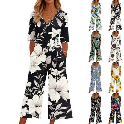 Women's Loose Casual V-Neck Printed Jumpsuit Slim Fit Wide Leg Jumpsuit Wide Leg Jumpsuit
