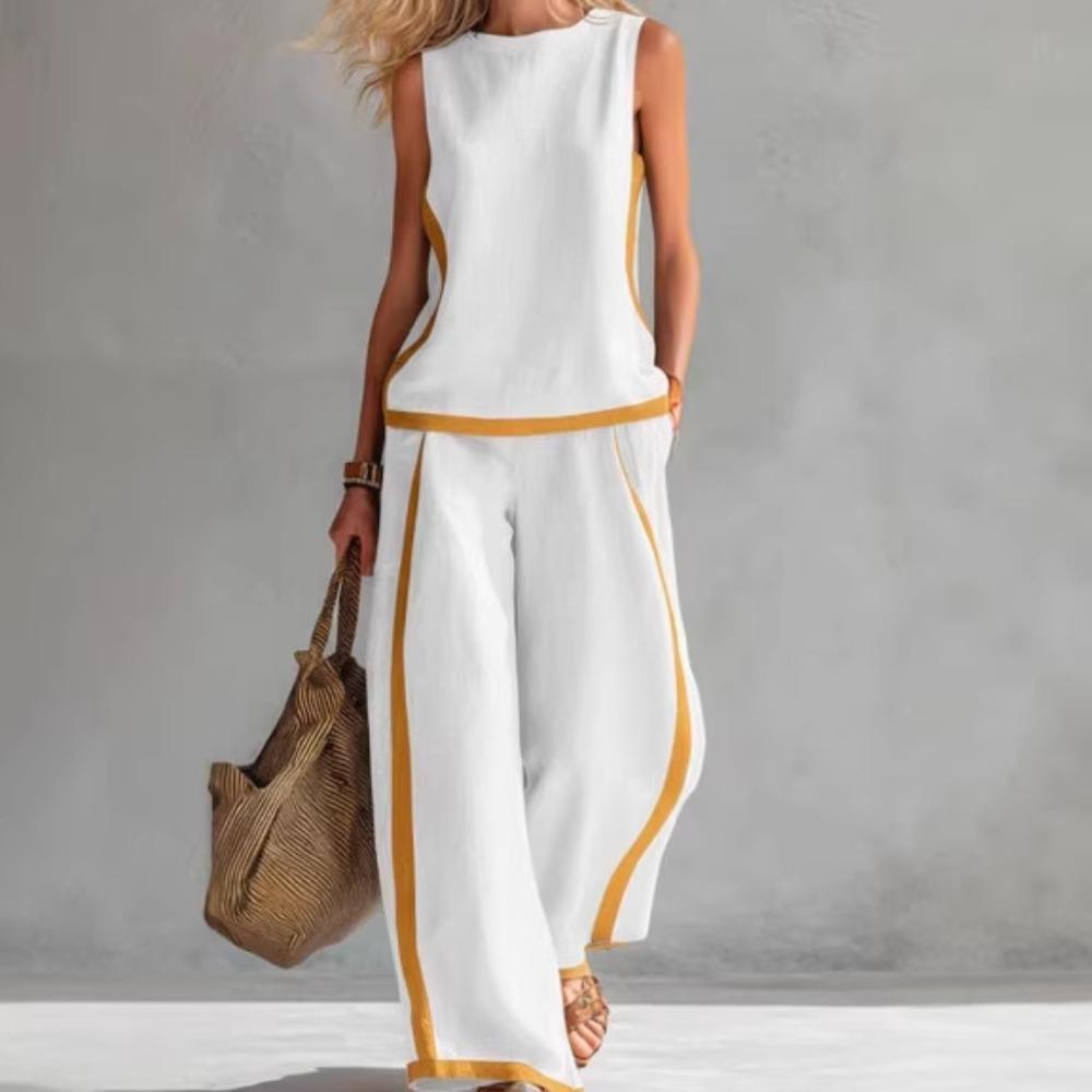 Color Block 2 Piece Outfit, Women Round Neck Sleeveless Tank Top & Wide Leg Pants Set