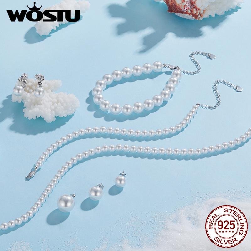 WOSTU Real 925 Sterling Silver Shell Pearl Neckalce For Women Wedding Jewelry Pearl Charm Links Elegant Gift For Mom 5 8 Mm