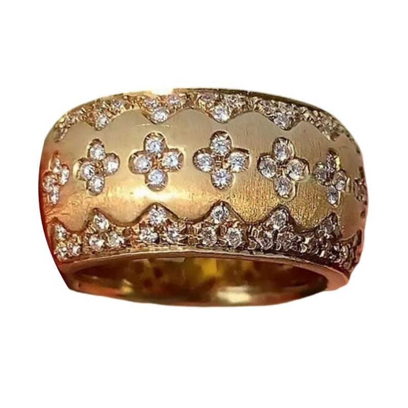 Gold Plated Brass Four Leaf Clovers Ring With Sparkling Stones Elegant Finger Ring Evening Party Jewelry Gift For He