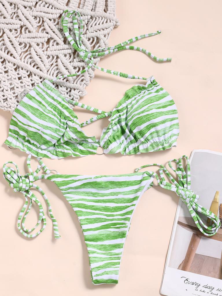 Sexy Damen-Bikini mit Streifenmuster und seitlicher Bindung, zweiteiliger Badeanzug