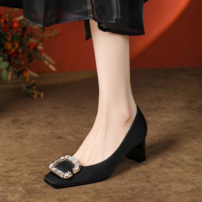 Soft Sole Square Buckle Single Shoes Women's Black Square Head Thick Heel Sheepskin Commuting Shallow Mouth High Heels