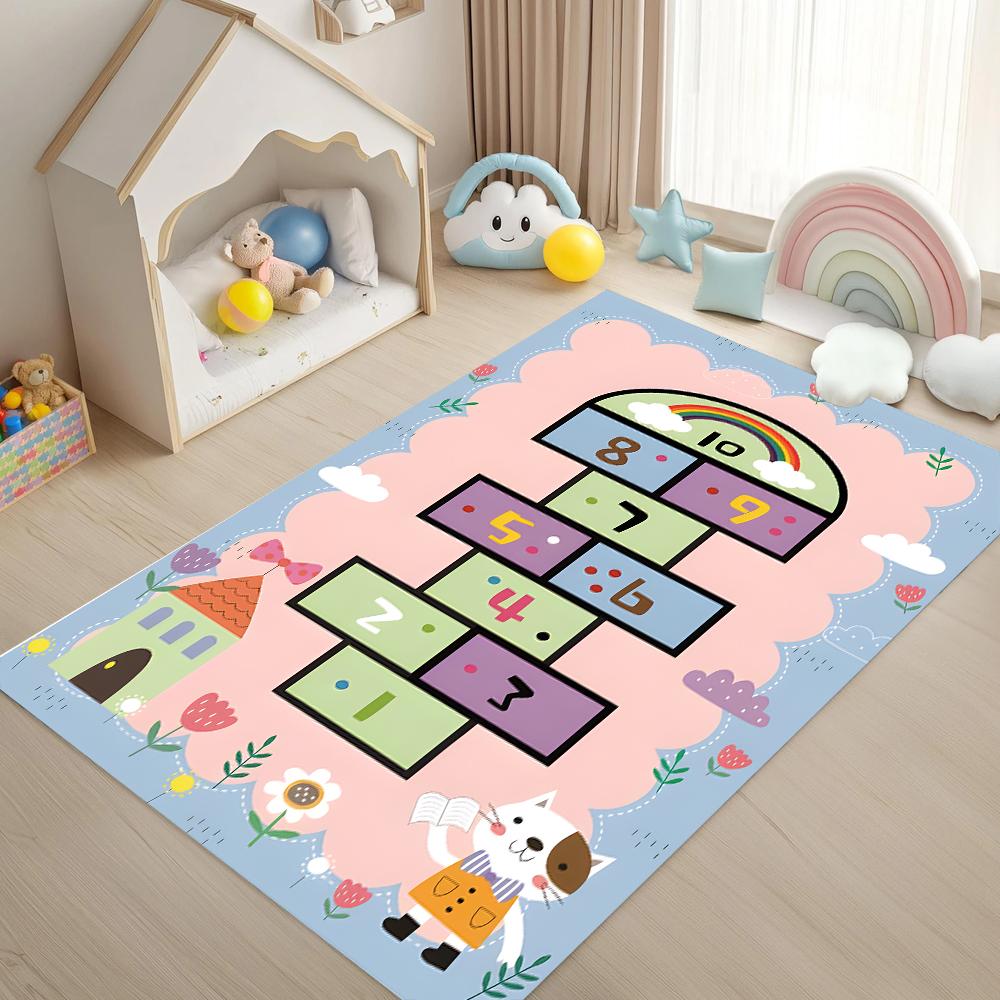 Animal Number Hopscotch Carpet Colorful Kids Game Non-Slip Soft Mat for Kids Room Bedroom Living Room